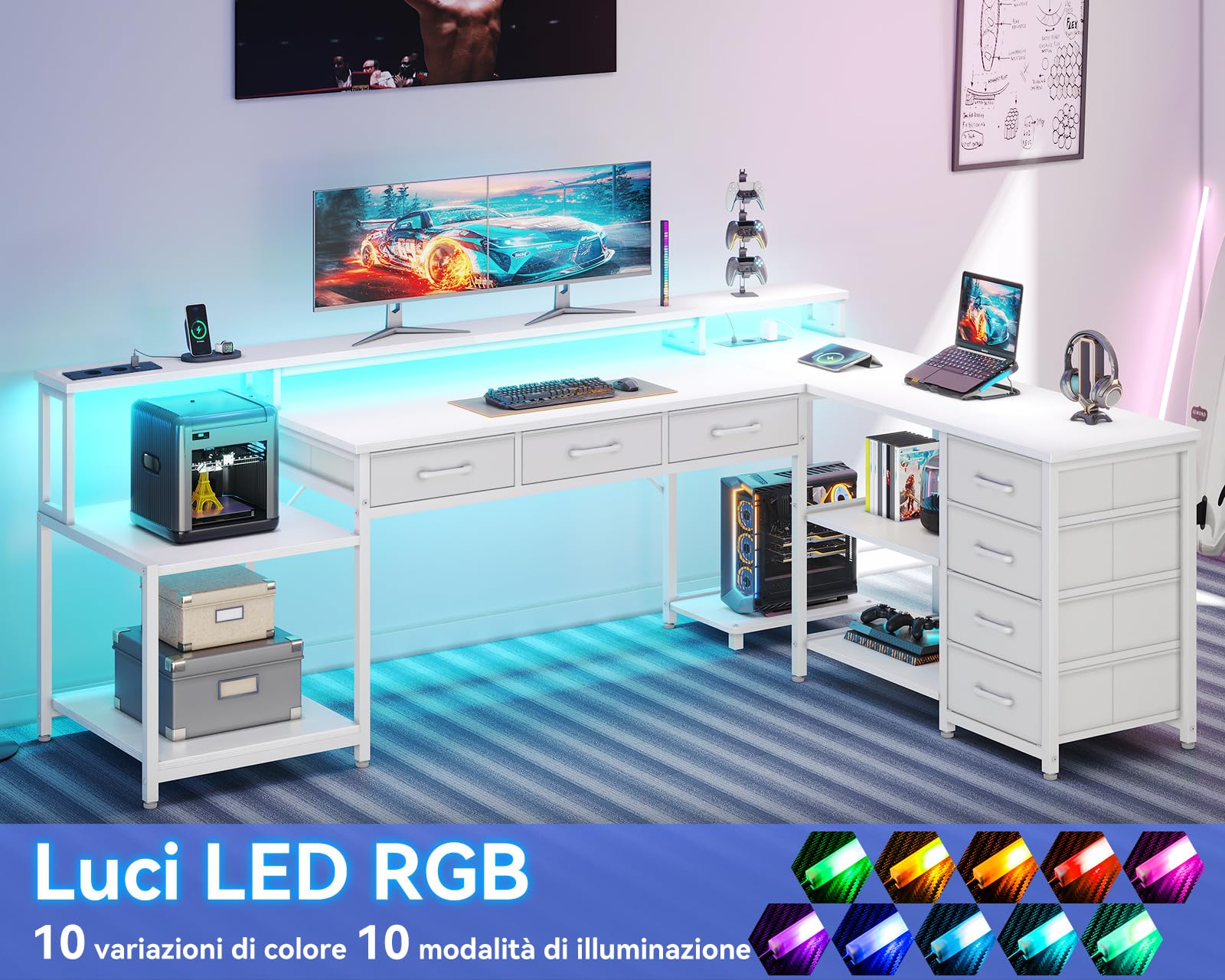 Coleshome Tavolo da Gaming con Luci LED RGB, Scrivania Angolare con 7 Cassetti e Ampio Spazio di Archiviazione, Scrivania a Forma di L Reversibile con 2 Prese, Bianco, 179.5×135.5cm
