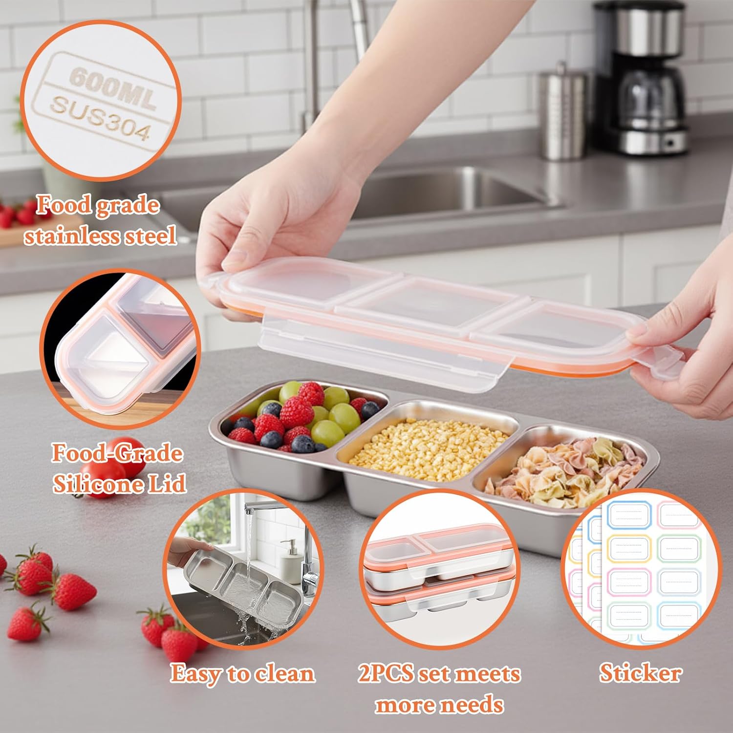 2 Pack Stainless Steel Snack Containers, 3+2 Compartment Snack boxes, Reusable Snack Containers with Lids for Adults - Leakproof Divided Metal Food Storage Bento Lunch Box for Work, Office, Travel - Image 5