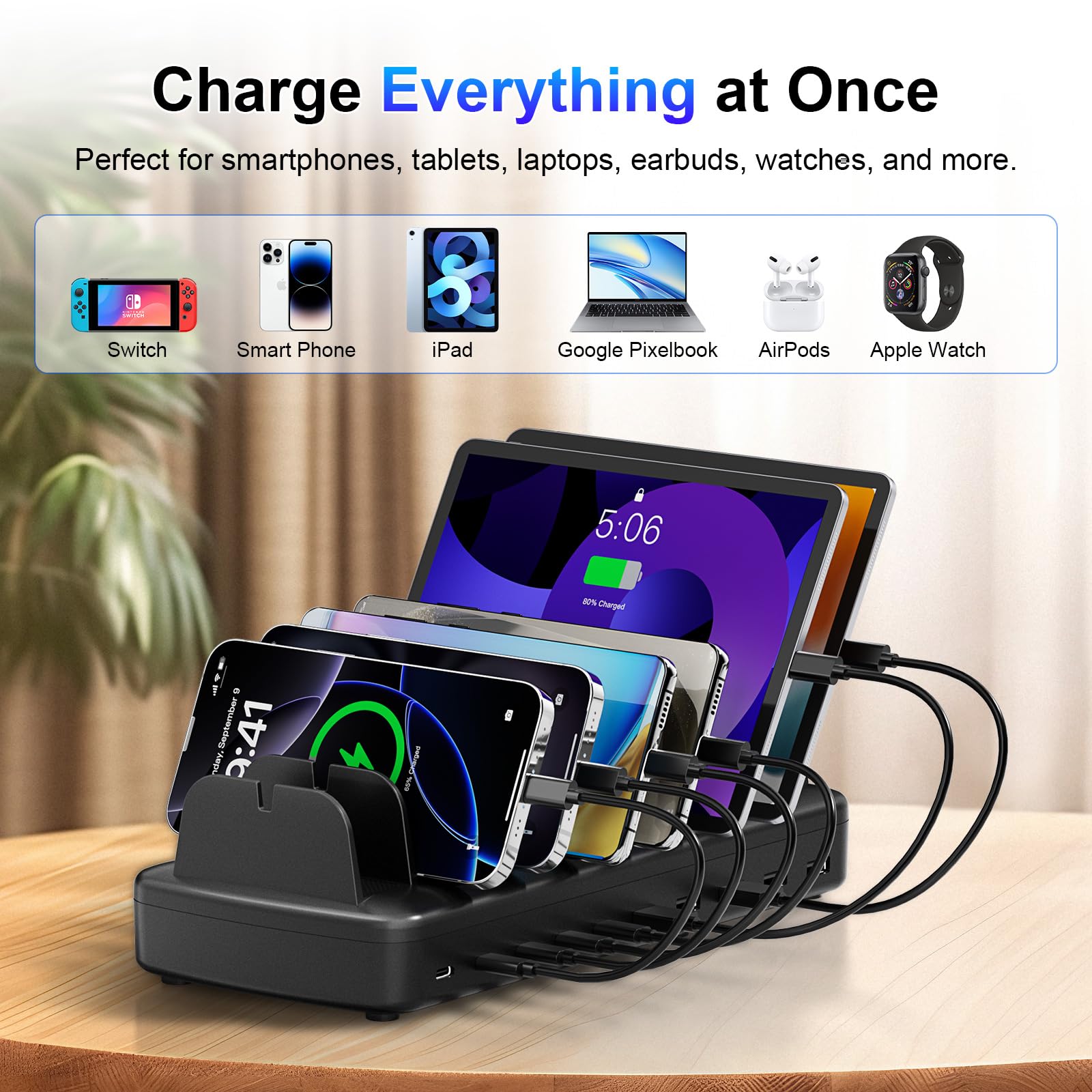 COTOP Estación de carga para varios dispositivos, 10 puertos de 65 W, cargador rápido para portátil, PD Desktop USB C Charging Station con soporte organizador, estaciones de carga doméstica