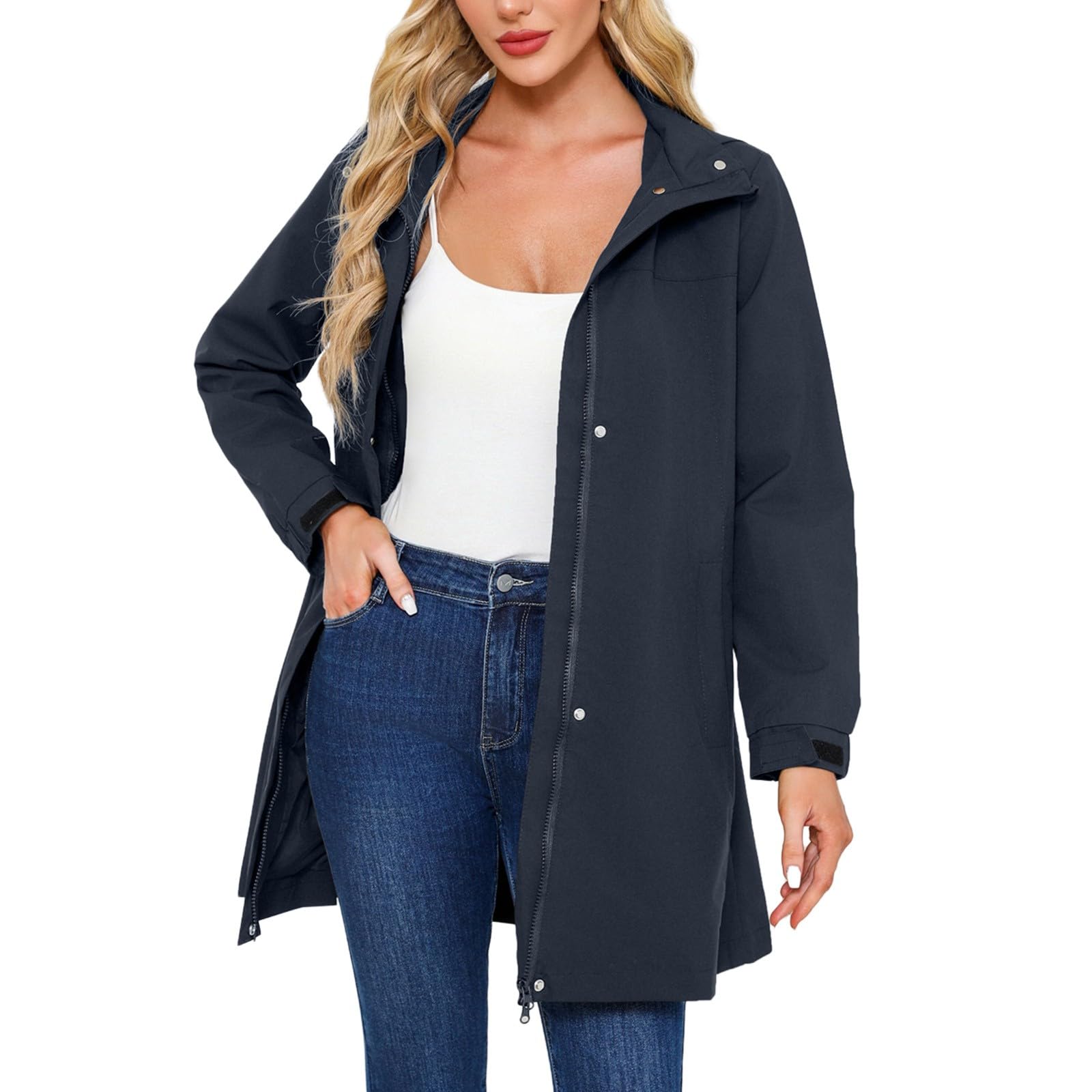 Generisch Trench da donna, lungo, impermeabile, leggero, con cappuccio rimovibile, traspirante, antivento, per il tempo libero