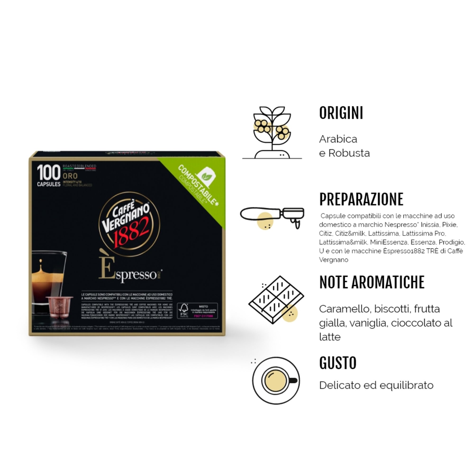 Caffè Vergnano 1882 - 100 Capsule Caffè Compostabili e Compatibili con Nespresso, Oro - Pack da 100 capsule