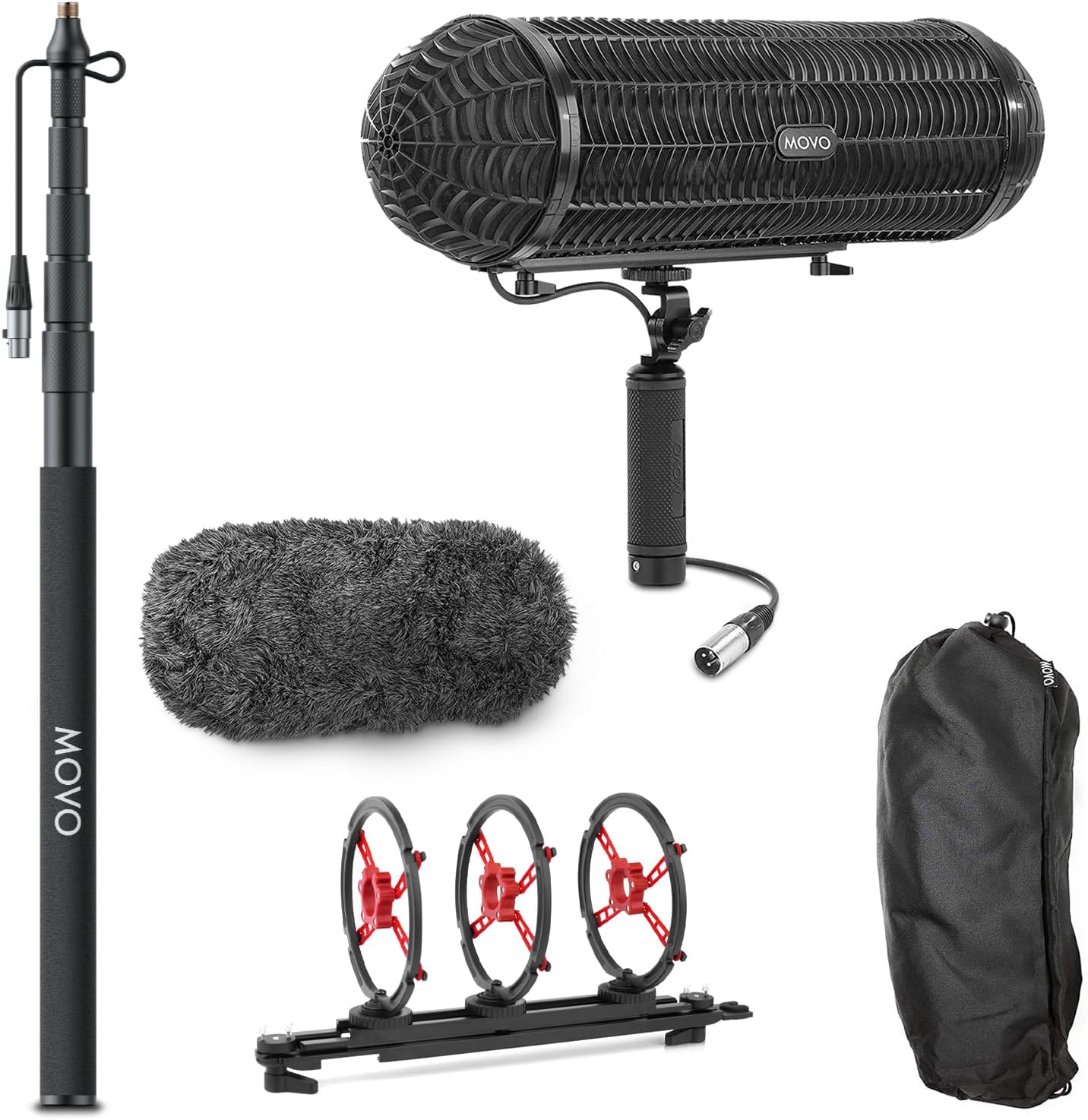 Movo Location Sound Production Bundle for Shotgun Microphones - Includes 9.8-foot CMP-17C Boom Pole with Integrated XLR Cable and Blimp Windshield/Vibration Protection System