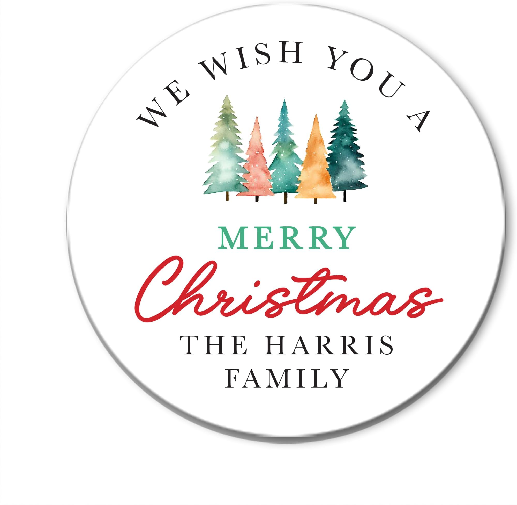 Merry Christmas Stickers, Personalized Christmas Gift Labels with Trees, Custom Stickers for Boxes, Envelope Seals or Gift Wrapping