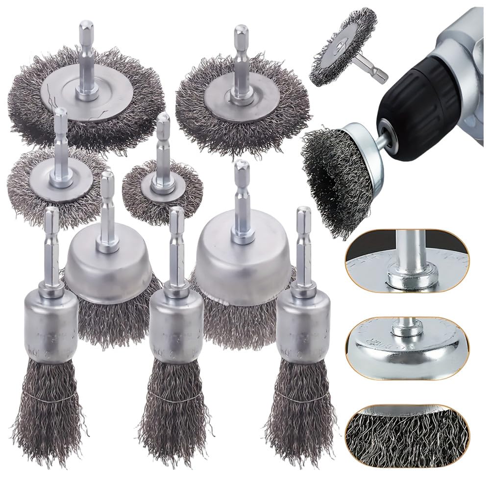 Set di spazzole metalliche, punte da trapano con spazzola metallica, impugnatura esagonale da 1/4 di pollice, utilizzate per la pulizia della ruggine, la pelatura e la rettifica, 10 pezzi