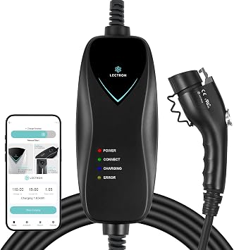 شاحن Lectron Level 1 J1772 إصدار WiFi - 120 فولت، 15 أمبير، قابس NEMA 5-15، سلك تمديد بطول 16 قدمًا - شاحن سيارة كهربائي محمول لسيارات J1772 الكهربائية