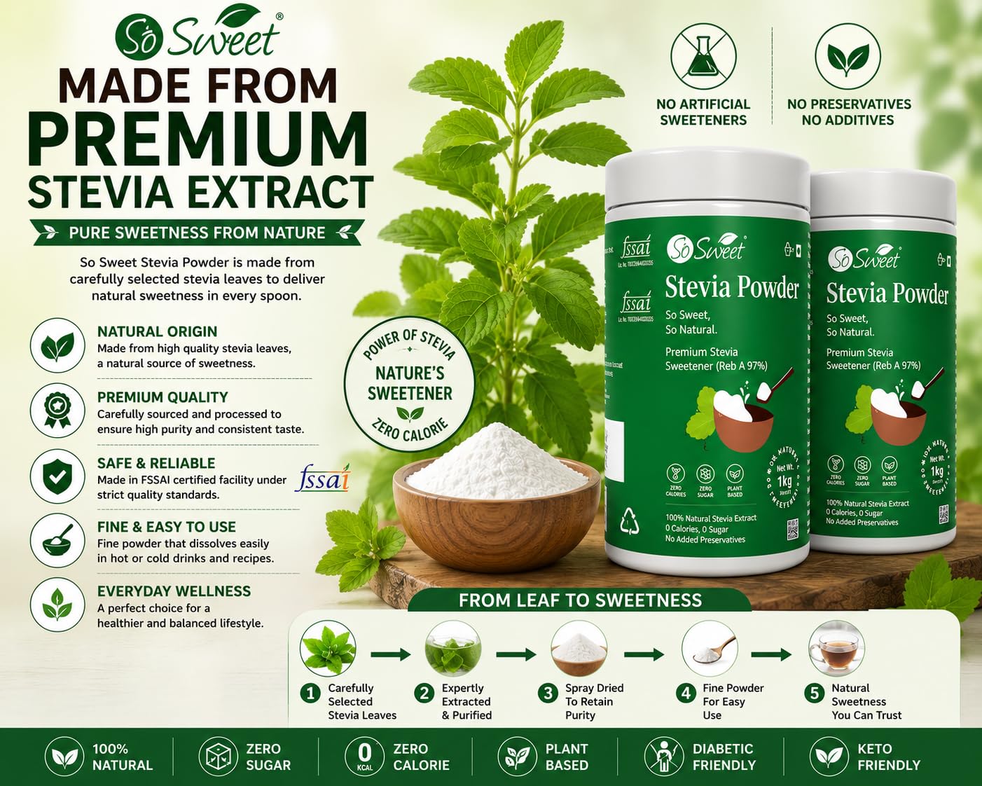 So Sweet Stevia Powder (1kg + 200g), Zero-Calorie, Natural Sweetener Combo, Diabetic & Keto-Friendly, Perfect for Sweetening Beverages, Baking, and Cooking (Pack of 2), Sugar-Free — Amazon image 8