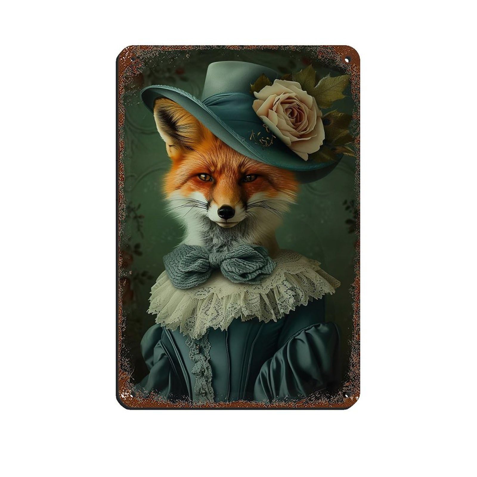 Vintage Renaissance Fox Lady Painting Poster Retro Poster Metal Tin Sign Chic Art Retro Iron Painting Bar People Cave Cafe Family Garage Poster Wall Decoration 8x12inch(20x30cm)