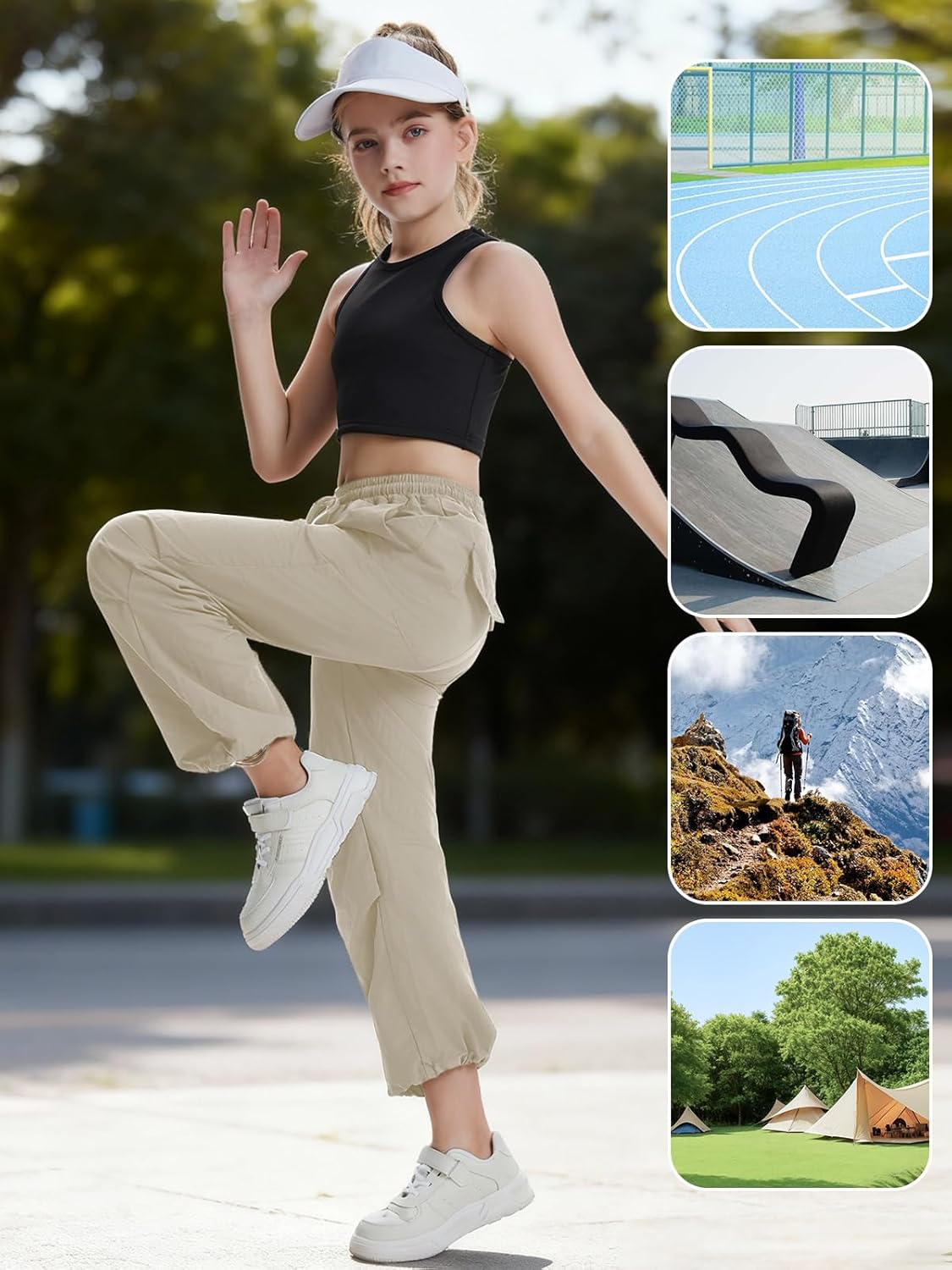 Girls Parachute Cargo Pants Drawstring Waterproof Causal Hiking Pants for Girls Pockets Lightweight Running Joggers
