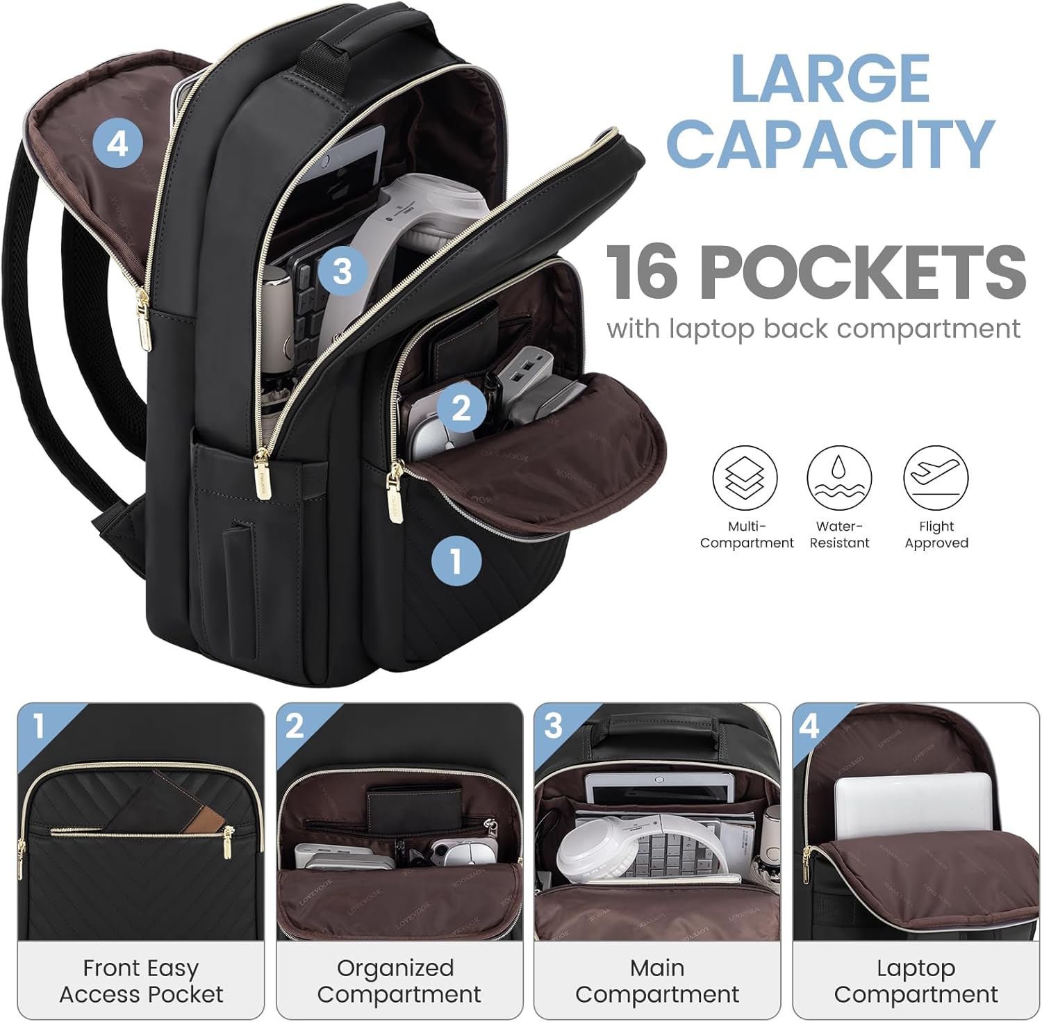 LOVEVOOK Leather Backpacks for Women,17.3 inch Leather Laptop Backpack Women Computer Backpack Laptop Bag,Stylish Quilted Travel Backpack Purse Work Bag College Teacher Backpacks with USB Port,Black - Image 2