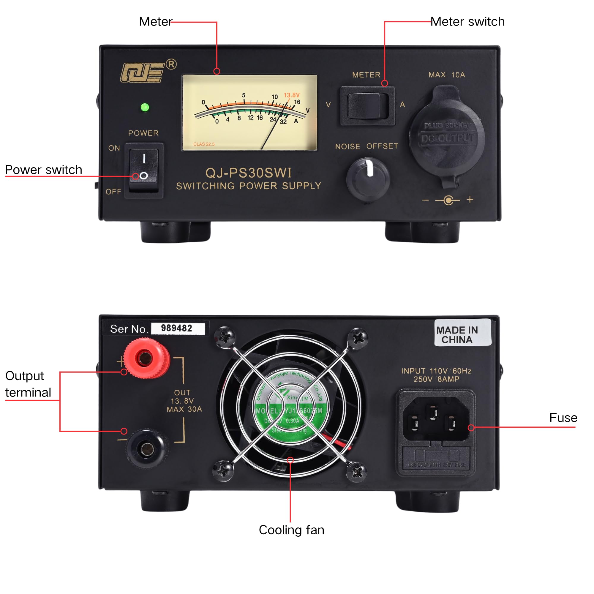 Alimentatore da banco 13,8 V 30 A, convertitore CA-CC con presa accendisigari per auto, controllo offset del rumore e ventola di raffreddamento, ideale per radio HAM, radio amatoriali, CB, dispositivi