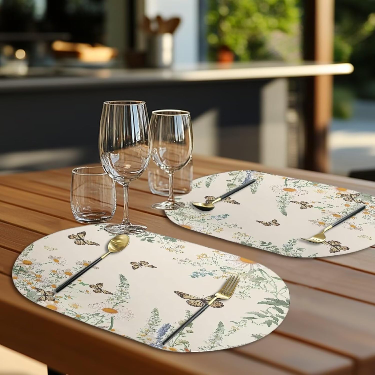 PU Leather Oval Placemats Set of 6 Washable Wipe-Clean Table Mats Non-Slip Dining Table Mat Protector Easy Maintenance 18.11 x 12.2 inch, Butterfly Flower Beige