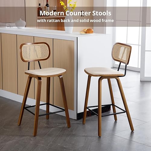Miniatura 3 de HEAH-YO Juego de 2 taburetes de ratán de 26 pulgadas de altura de mostrador con respaldos y patas de madera, moderno taburete de ratán de piel