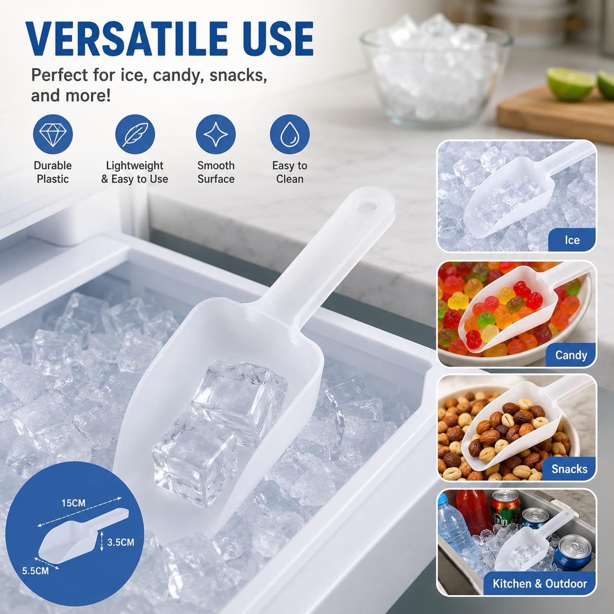 Plastic Ice Scoop, Kitchen Ice Scooper for Ice Maker Freezer and Bar Scoop for Candy, Beach