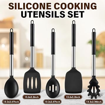 5Pcs Silicone Cooking Utensils Set, Heat Resistant Kitchen Tools Include Solid&Slotted Spatula, Cooking Spoon and Pasta Server, Silicone Kitchen Utensils set for Nonstick Cookware Flipping, Black