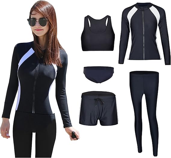 Amazon ラッシュガード レディース 水着 レディース 体型カバー フィットネス水着 レディース タンキニ 5点セット ビキニ Uvカット 長袖 前開き 水陸両用 レギンス パンツ 吸汗速乾 ソフト肌触り タンキニ 通販
