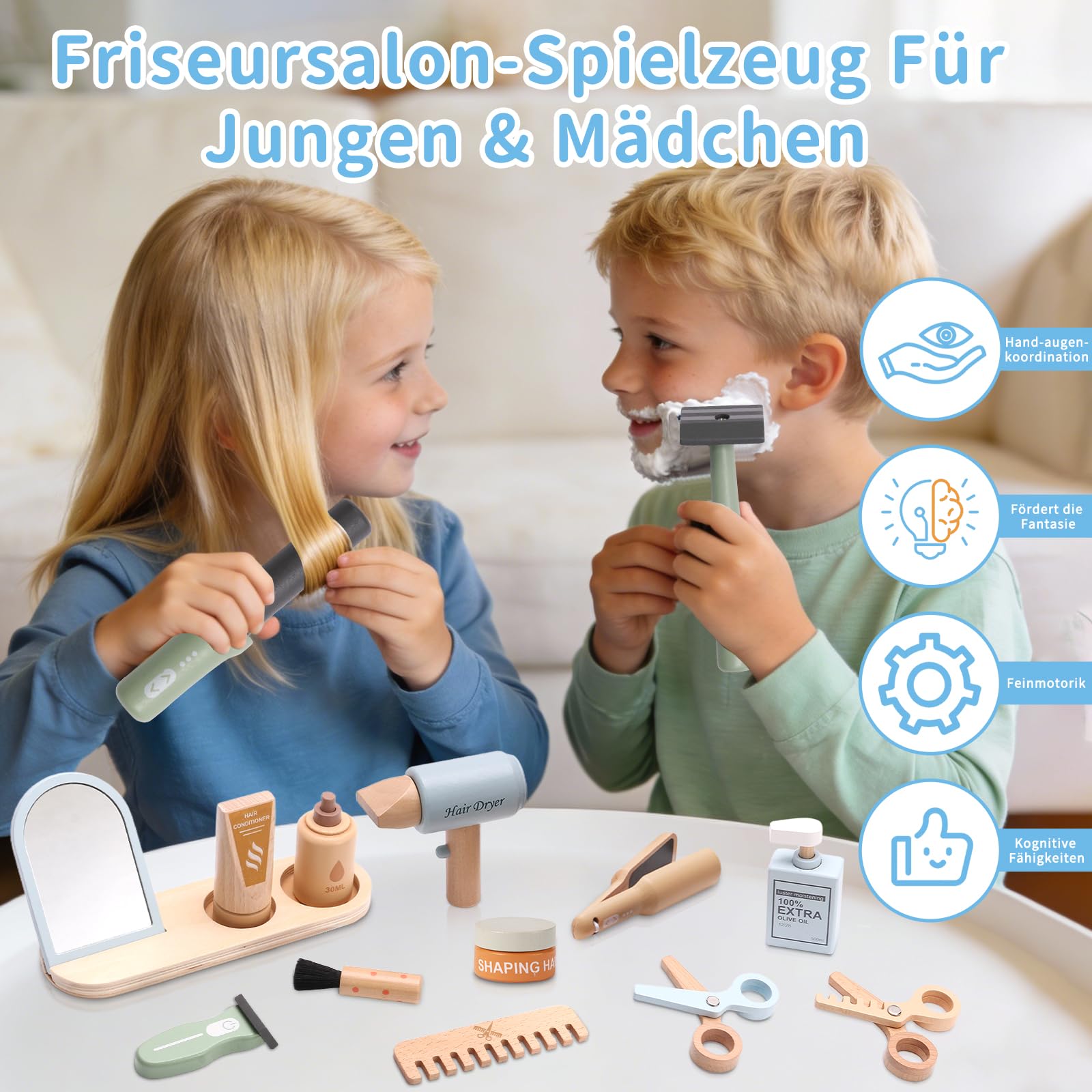 FIIOEOY Holz Friseur Set Kinder, Frisör Spielzeug mit Haartrockner, Lockenstab, Kamm & Rasierzubehör, Friseur Zubehör Rollenspiel Holzspielzeug Geschenk für Mädchen Jungen ab 3 4 5 Jahre