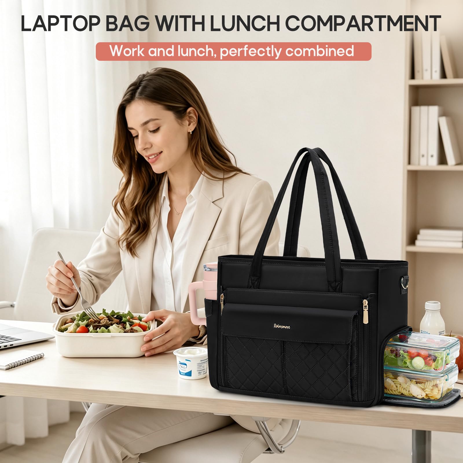 RAINSMORE Borsa da Lavoro Donna con Scomparto Termico per Pranzo | Borsa Porta PC 15,6 Pollici Grande Capacità, Borsa Insegnante Impermeabile per Ufficio, Scuola, Università e Viaggio