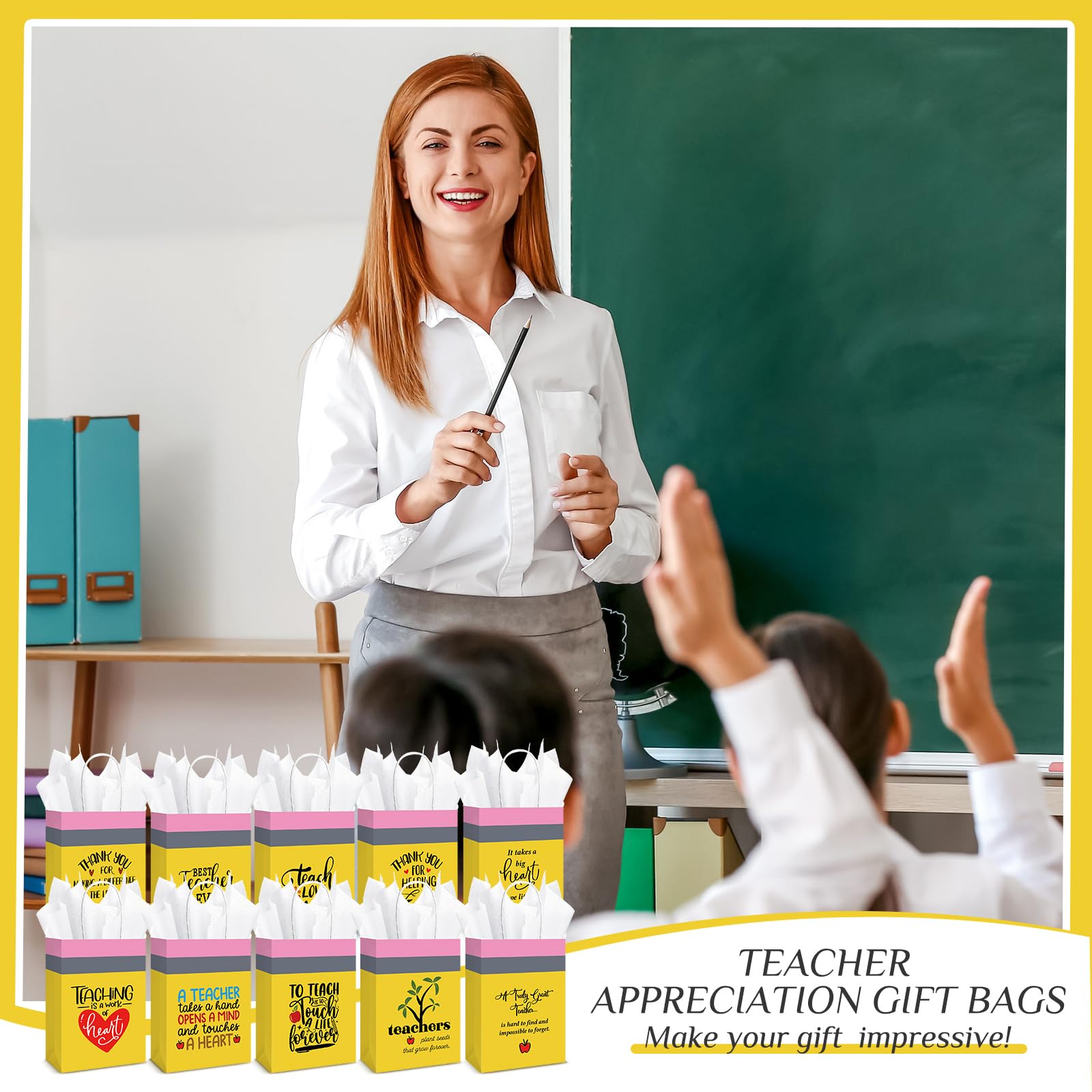 Motipuns 20 Sets Teacher Appreciation Gift Bags with Handles and Tissue Paper Best Teacher Ever Kraft Bags Thank You Gift for End of School Graduation Classroom Retirement, 5.9 x 3.15 x 8.27 Inch