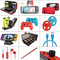 Vista 3 de Orzly Accessories Bundle Compatible with Nintendo Switch & OLED Case & Screen Protector, Joycon Grips & Racing Wheels, Controller Charge Dock