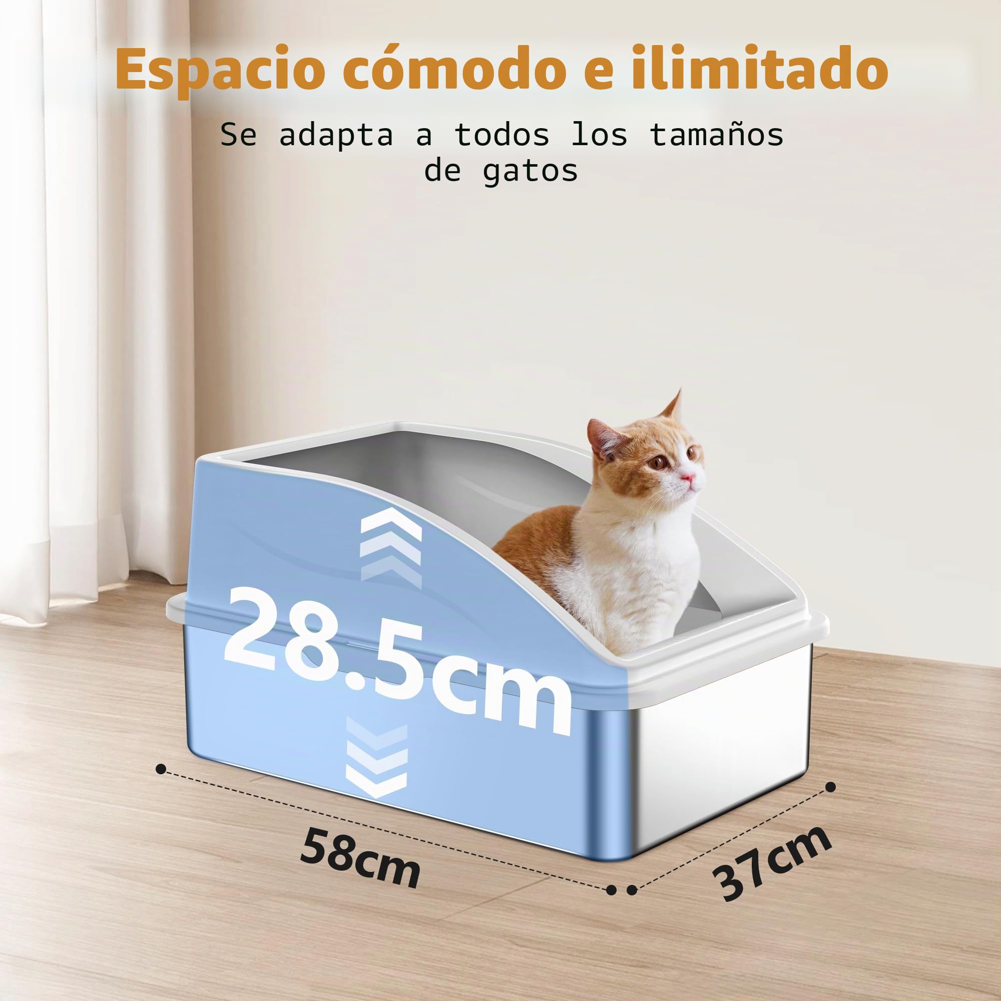 Caja de Arena para Gatos XXL de Acero Inoxidable - Abierta Con Pala de Metal, Estera de Doble Capa y Borde Alto - Para Gatos Grandes