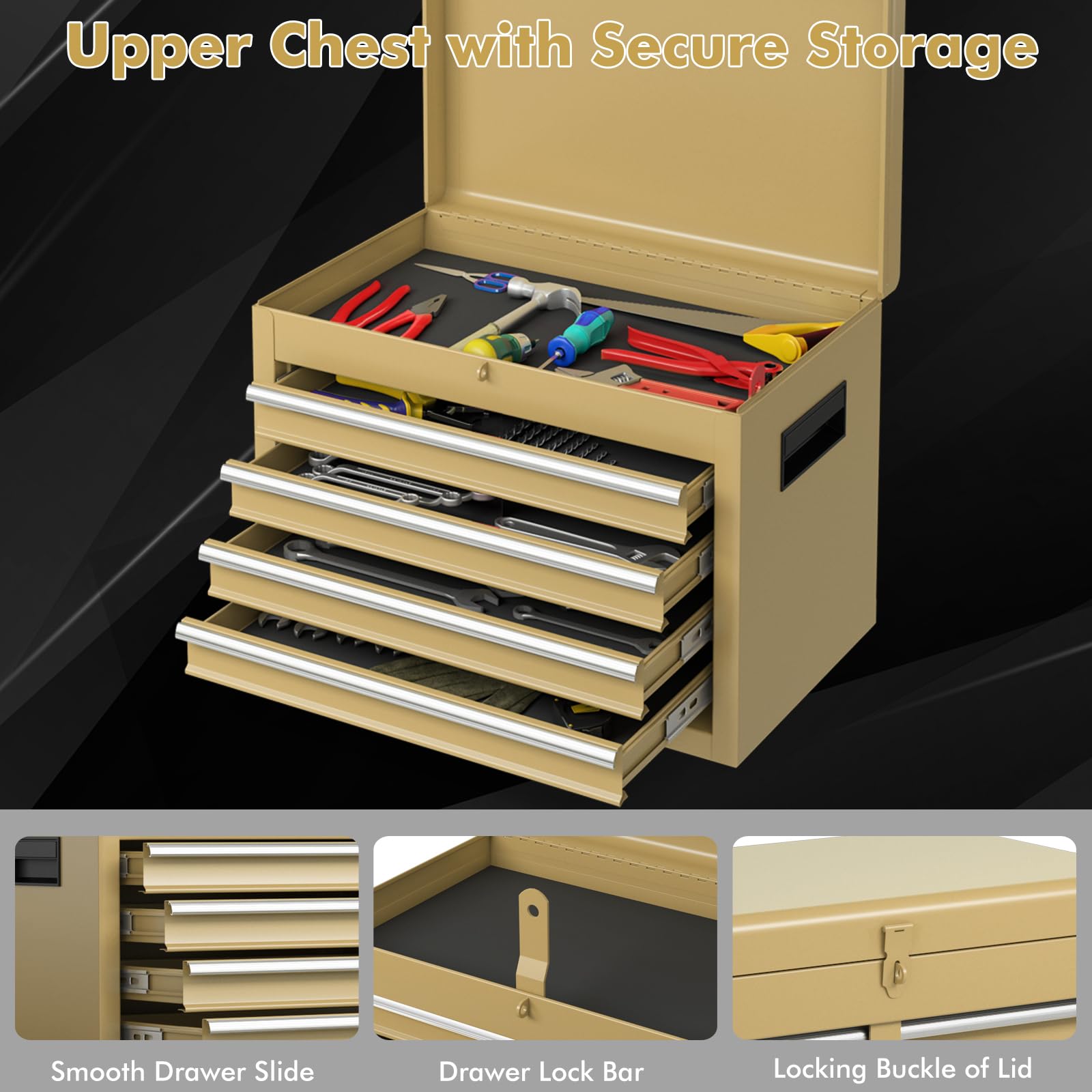 SOARS Carrello Porta Attrezzi con Ruote, 5 Scomparti, 2 Ripiani, Porta Attrezzi da Lavoro Rimovibile & Carrello Inferiore, Bloccabile, 59 X 28 X 102 CM, per Garage, Officina, Casa (Giallo)
