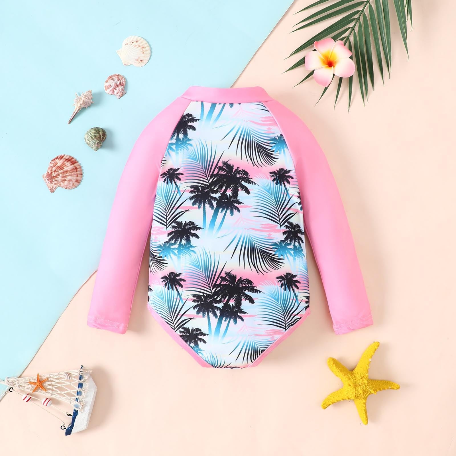 Generisch Bañador para niña con mangas largas, diseño tropical, protector solar, traje de baño para niños pequeños y niños