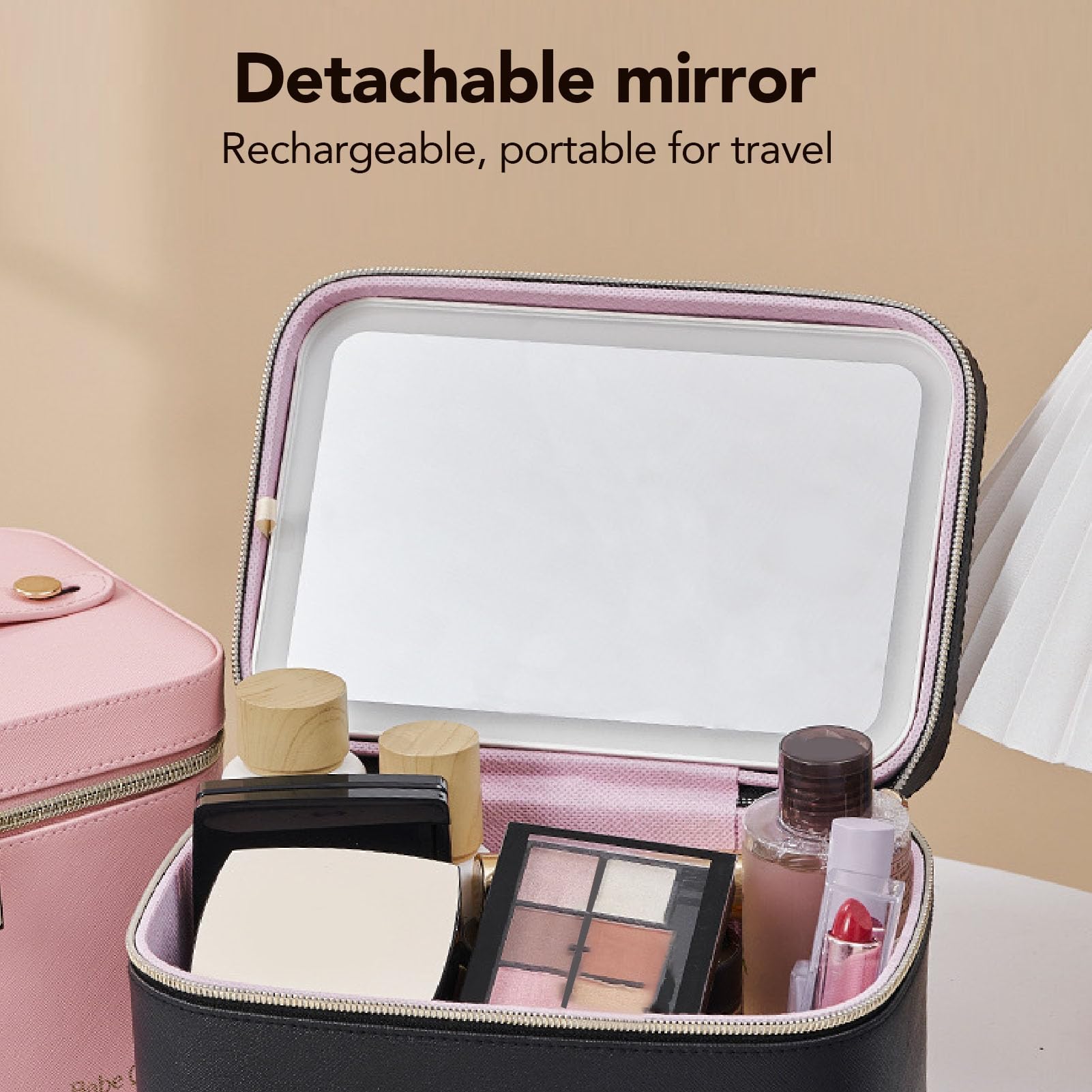 Zerodis Borsa per Cosmetici con Specchio LED Custodia per Trucco in PU con