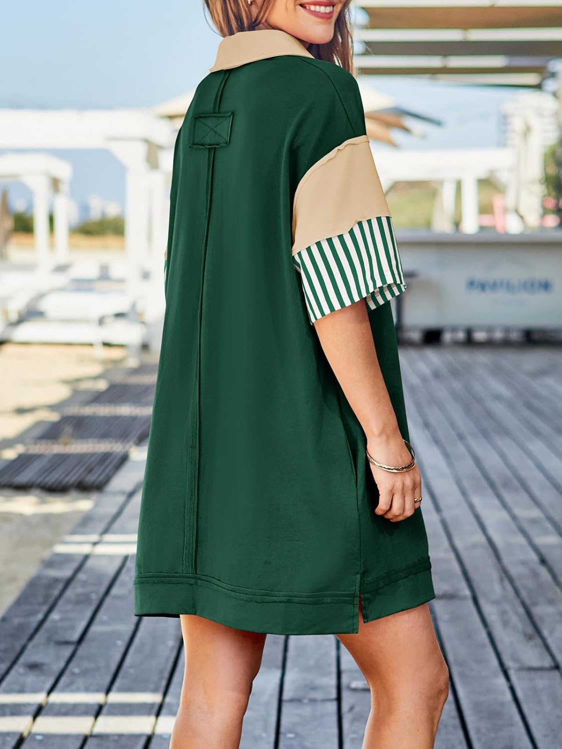 Wenrine Women's Polo V Neck T Shirt Dress Casual Summer Oversized Color Block Short Sleeve Sweatshirt Mini Dresses - Image 4