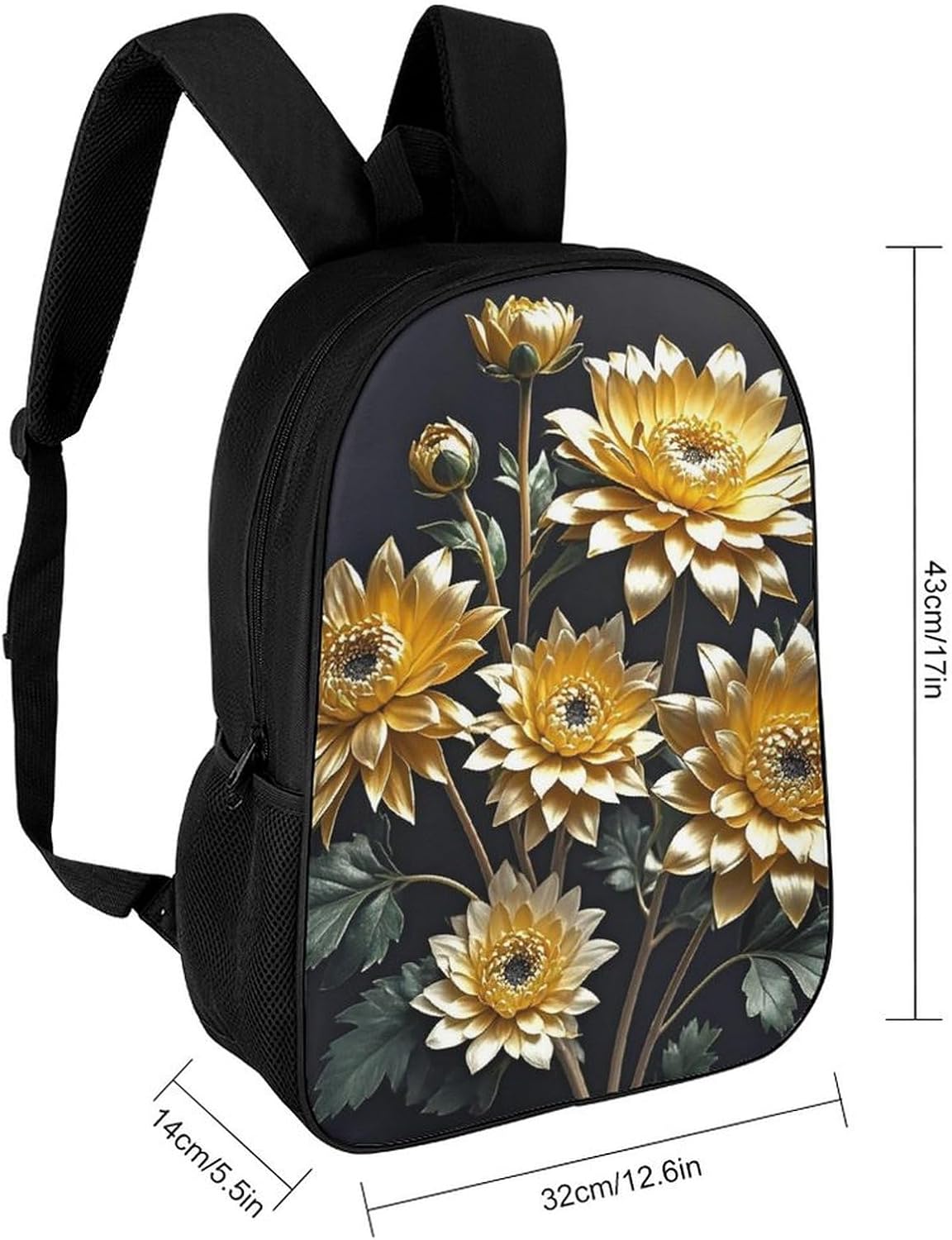 Gold Flowers on Black 17 Inch Laptop Backpack, College Bookbag image 2