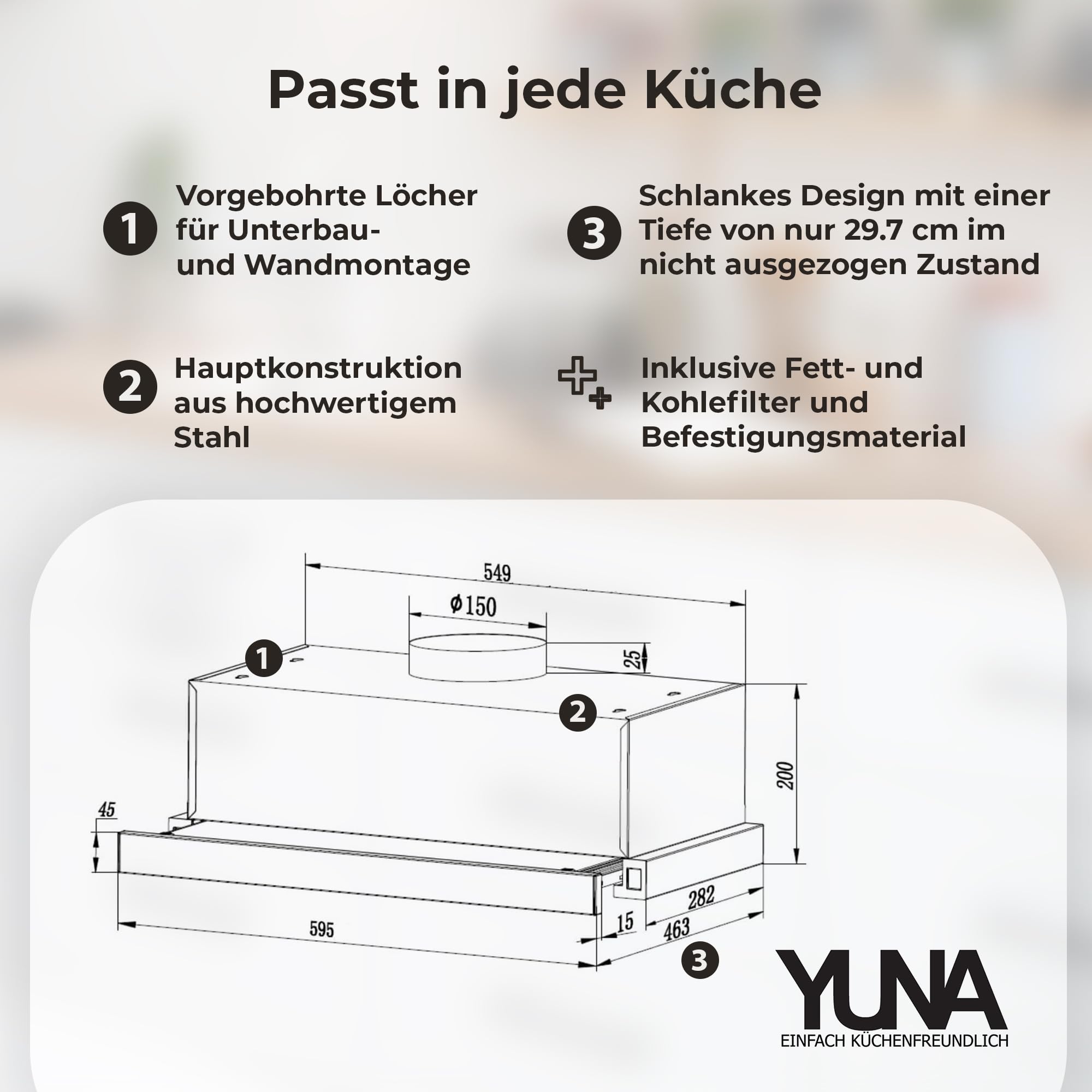 Yuna ALVA FS60B Dunstabzugshaube 60 cm 358 m³/h Edelstahl LED Umluft Abluft