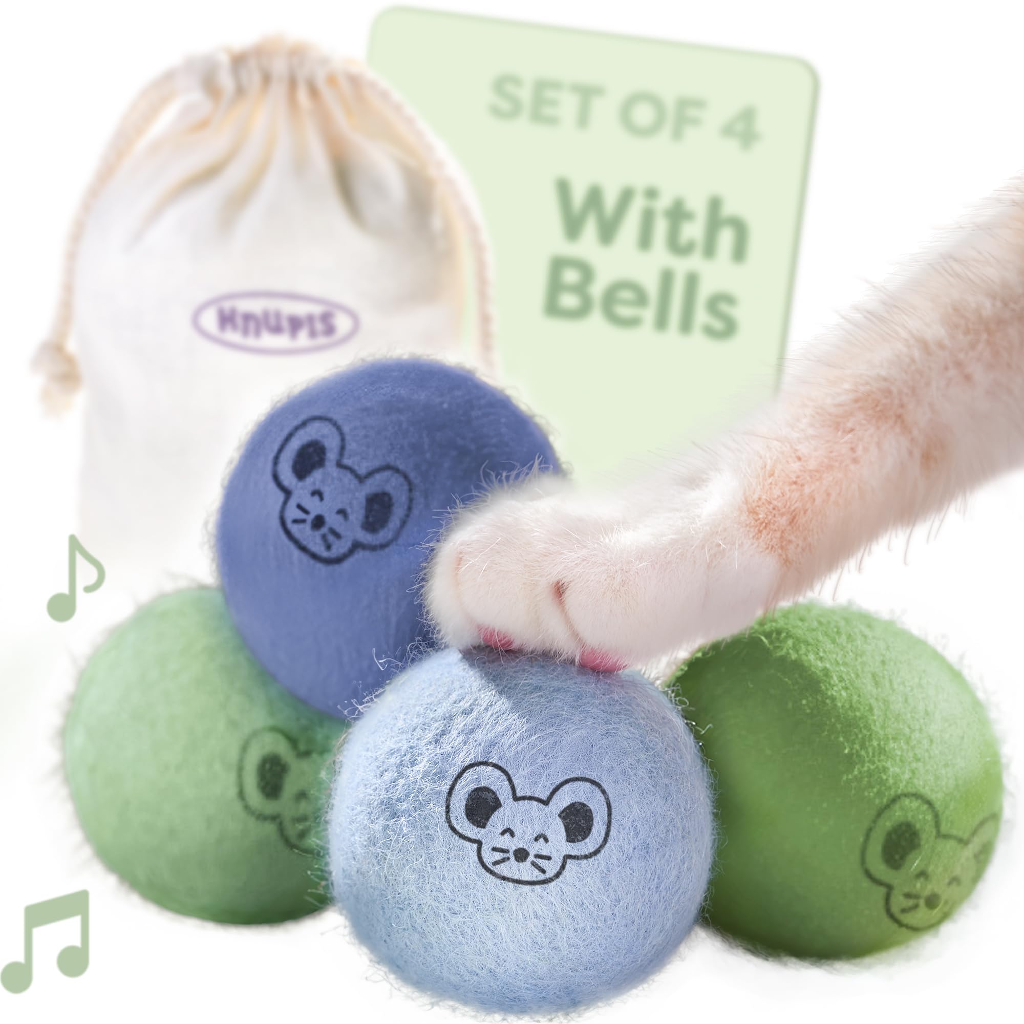 Knupis Cat Balls with Bells - 4 Balls Wool - Sustainable Cat Toy with Bright Colours & Soft Sound - Includes Storage Bag