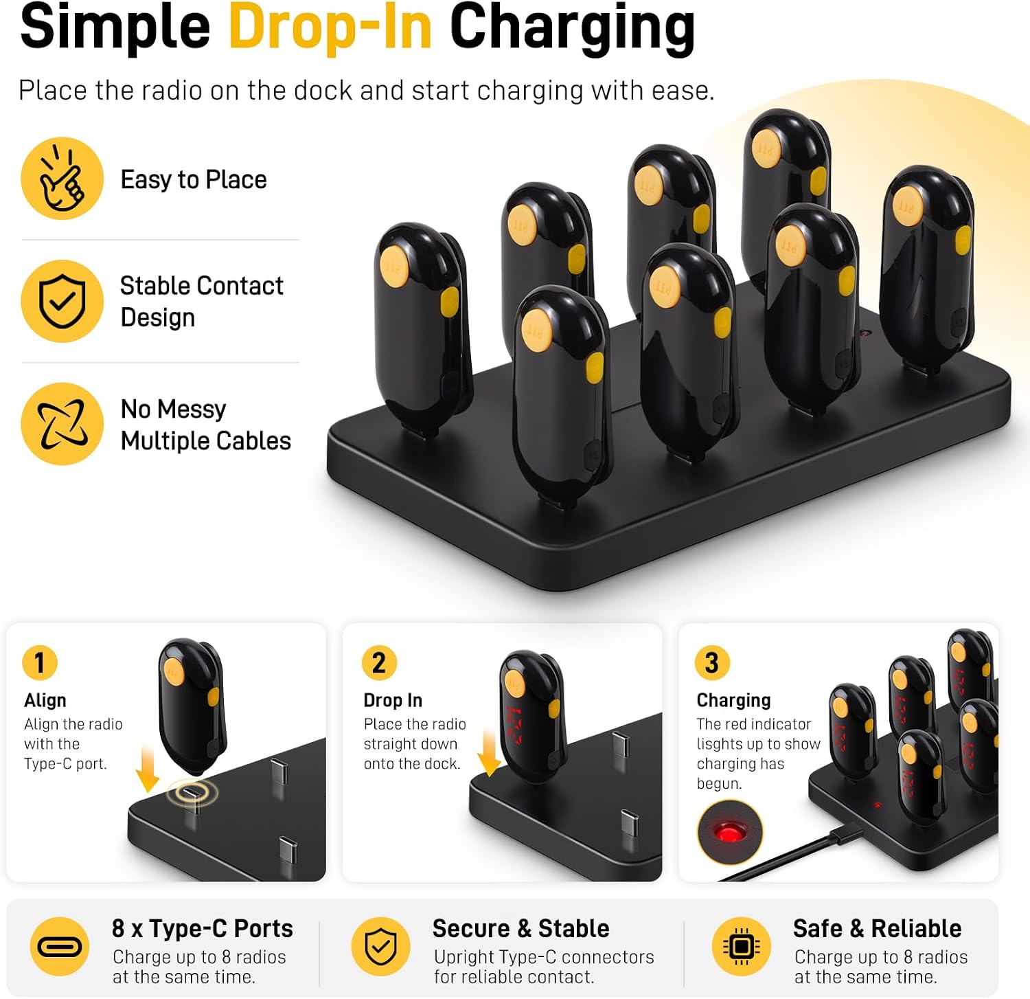 8-Slot USB-C Charging Station for 610 Series Mini Two-Way Radios | USB-C Charging Dock｜Walkie Talkie Charger ｜LED Charging Indicators