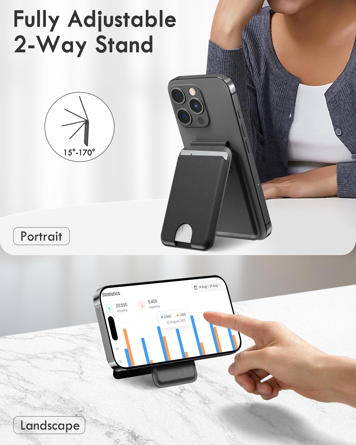 for Magsafe Wallet, Works with Apple Find My, Magnetic Wallet for iPhone 17/16/15/14/13/12 Series, Magnetic Card Holder with Adjustable Stand, PU Leather, 6 Cards Holder, Black