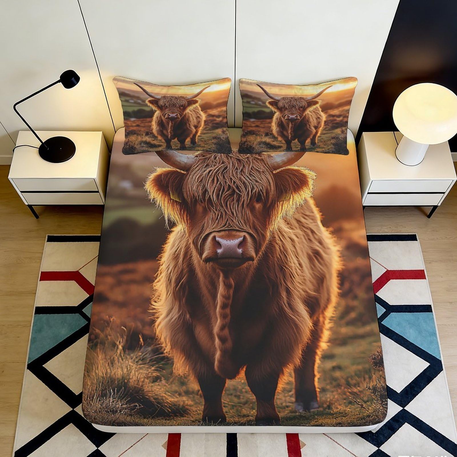 3D Printed Highland Cow Fitted Sheet Microfiber Durable Soft 3D Printed Highland Bull Bed Cover for Bedroom Dormitory Guest Room Mattress Protection 140x200x25cm