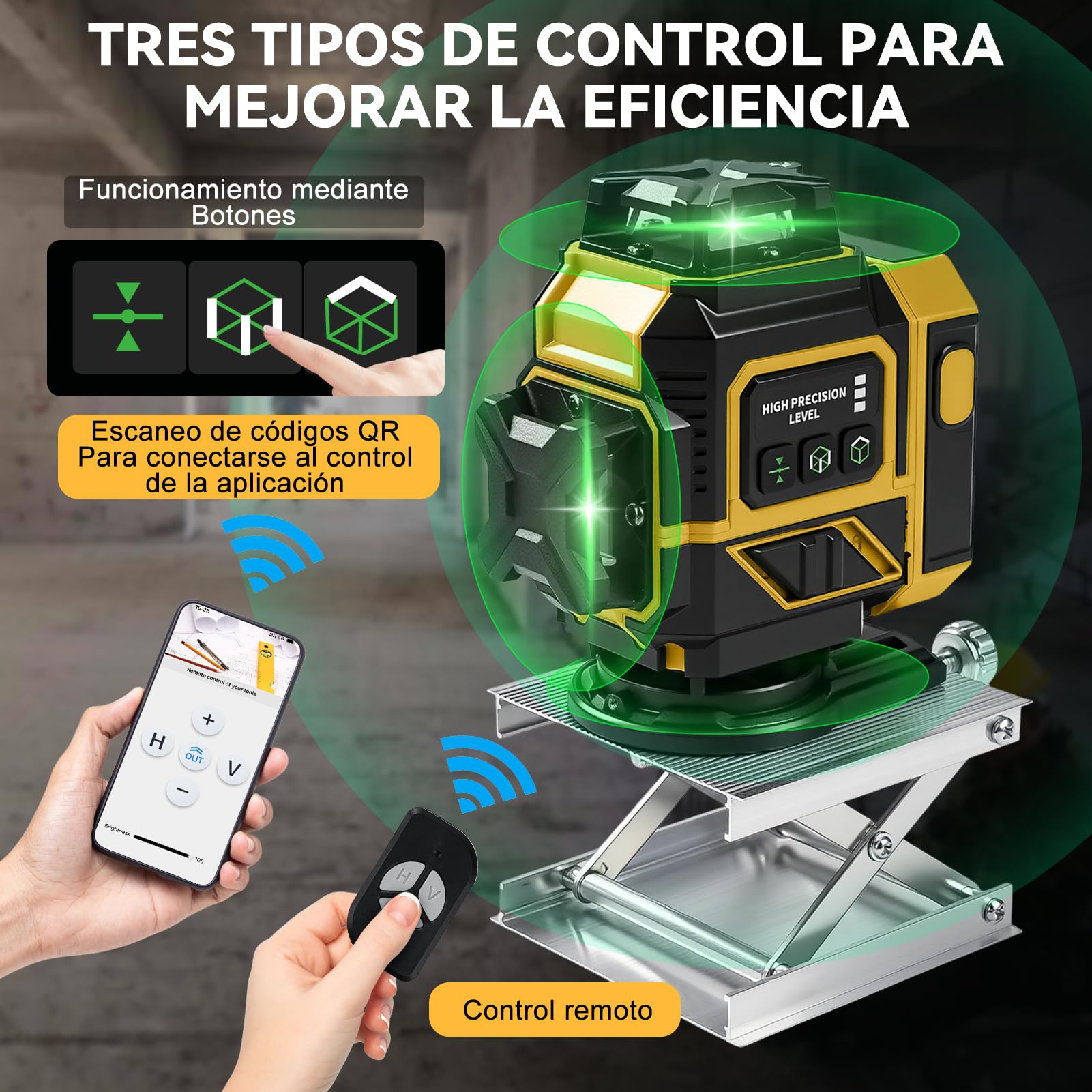 Nivel Laser Autonivelante 360 Grados, Nivel Láser Verde 16 Líneas, Línea Verde Cruzada Horizontal y Vertical Con 2 baterías de 3600 mAh y trípode telescópico, IP54, para Obras, Interiores