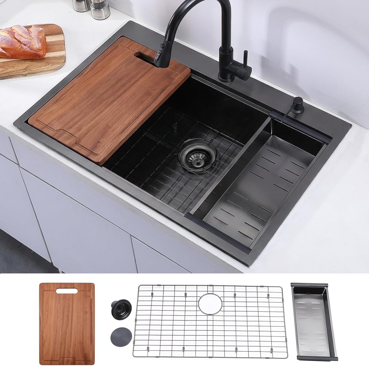 33 Inch Black Drop In Kitchen Sink, 33x22 Top Mount Workstation Handmade 16 Gauge Single Bowl Stainless Steel Sink with cutting board, dish grid, dish drainer and basket strainer