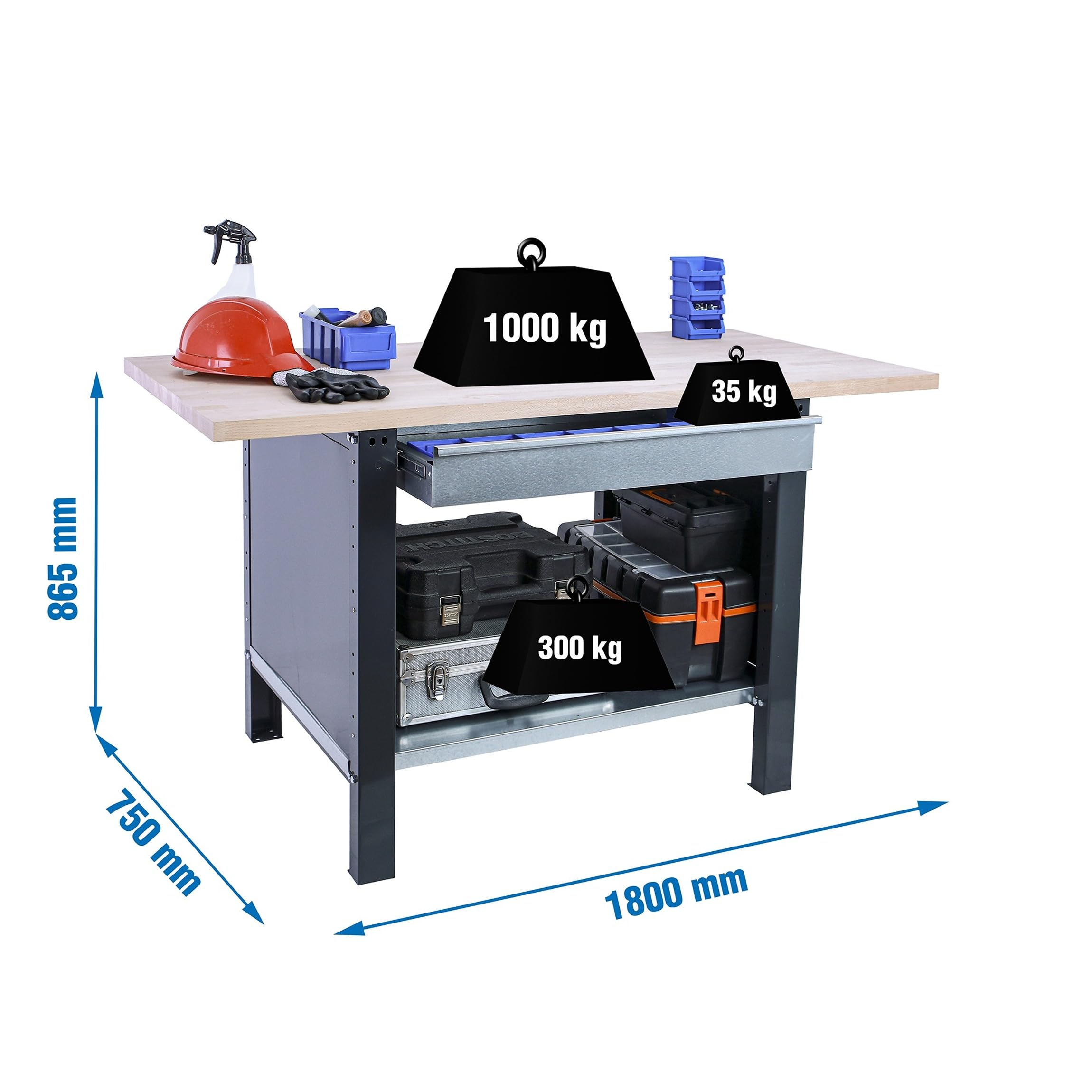 SimonRack Banco de Trabajo Taller, Capacidad Carga 1000 kg, 865x1800x750 mm, Mesa de Trabajo, 1 Cajón, Antracita/Haya - BT6 PRO | Tablero Madera Alistonada 32 mm, Capacidad Carga 1000 kg, Madera Haya, Antracita , Pintura anticorrosión