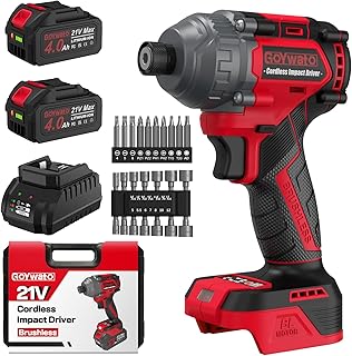 Cordless Impact Driver 21V - 1/4" Hex Chuck Brushless Power Impact Drivers w/ 2x4.0Ah Battery & Carry Case & Sockets & Screwdriver Bits, Battery Impac Driver for Home Repair DIY Projects (Red)