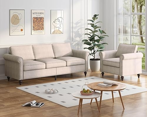 Miniatura 14 de BALUS Juego de sofá de 2 piezas, juego de sofás para sala de estar con patas de sofá de madera, muebles de sala de estar de lino con ribete de Gris