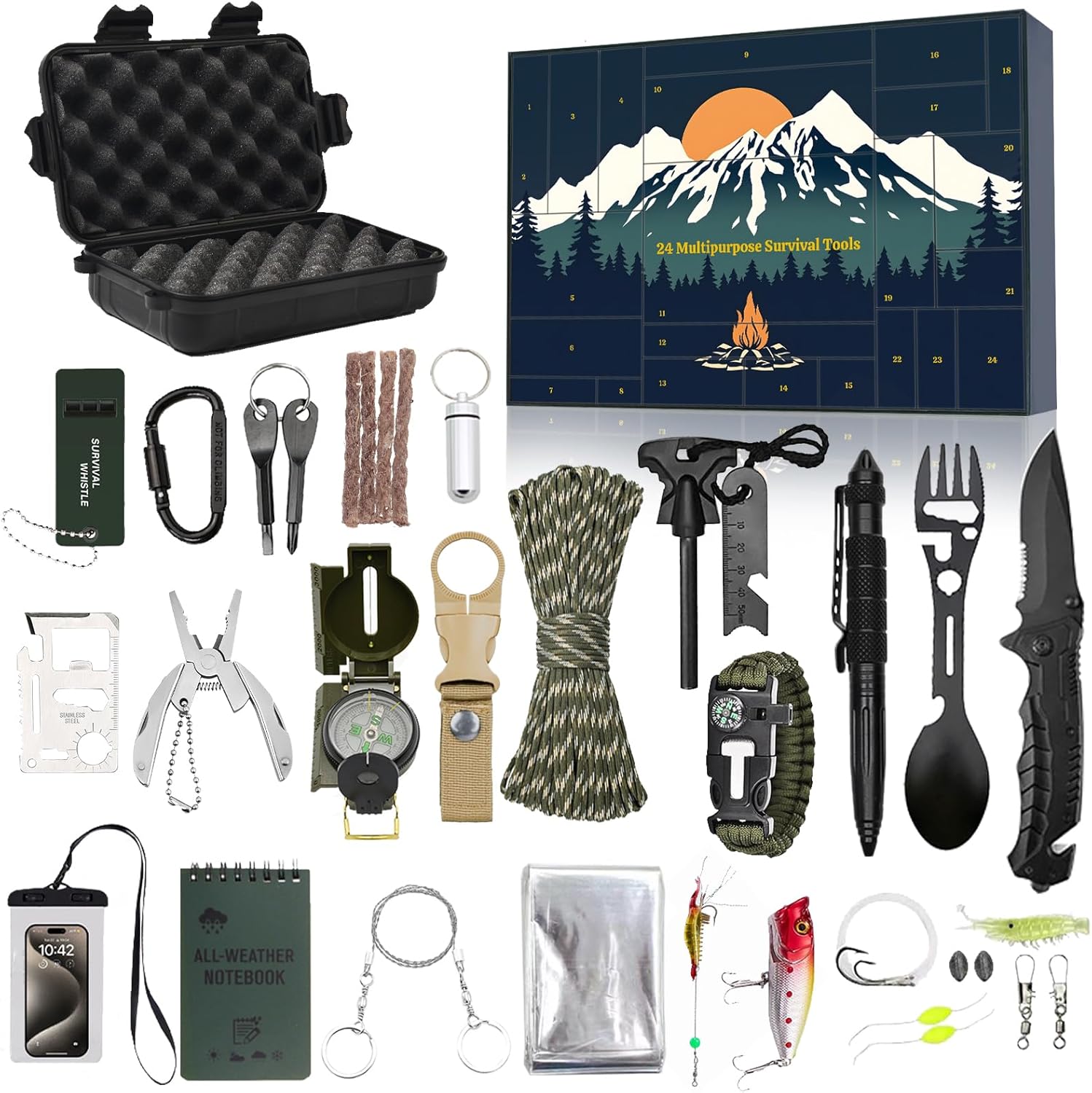 Advent Calendar 2025 Survival Kit for Men, 24 Days Christmas Countdown Calendar with Survival Gear and Camping Gear,Cool Gadgets for Outdoor Camping Fishing