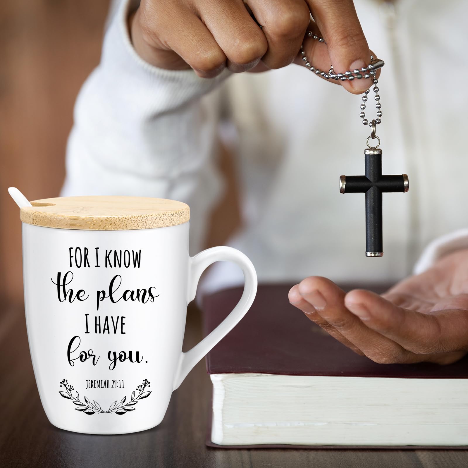 Patelai Set di 6 tazze cristiane, regali per chiesa, 350 ml, in ceramica, con coperchio, manico, cucchiaio, scritture religiose, per la scuola domenicale, uomini, donne, dipendenti (inglese
