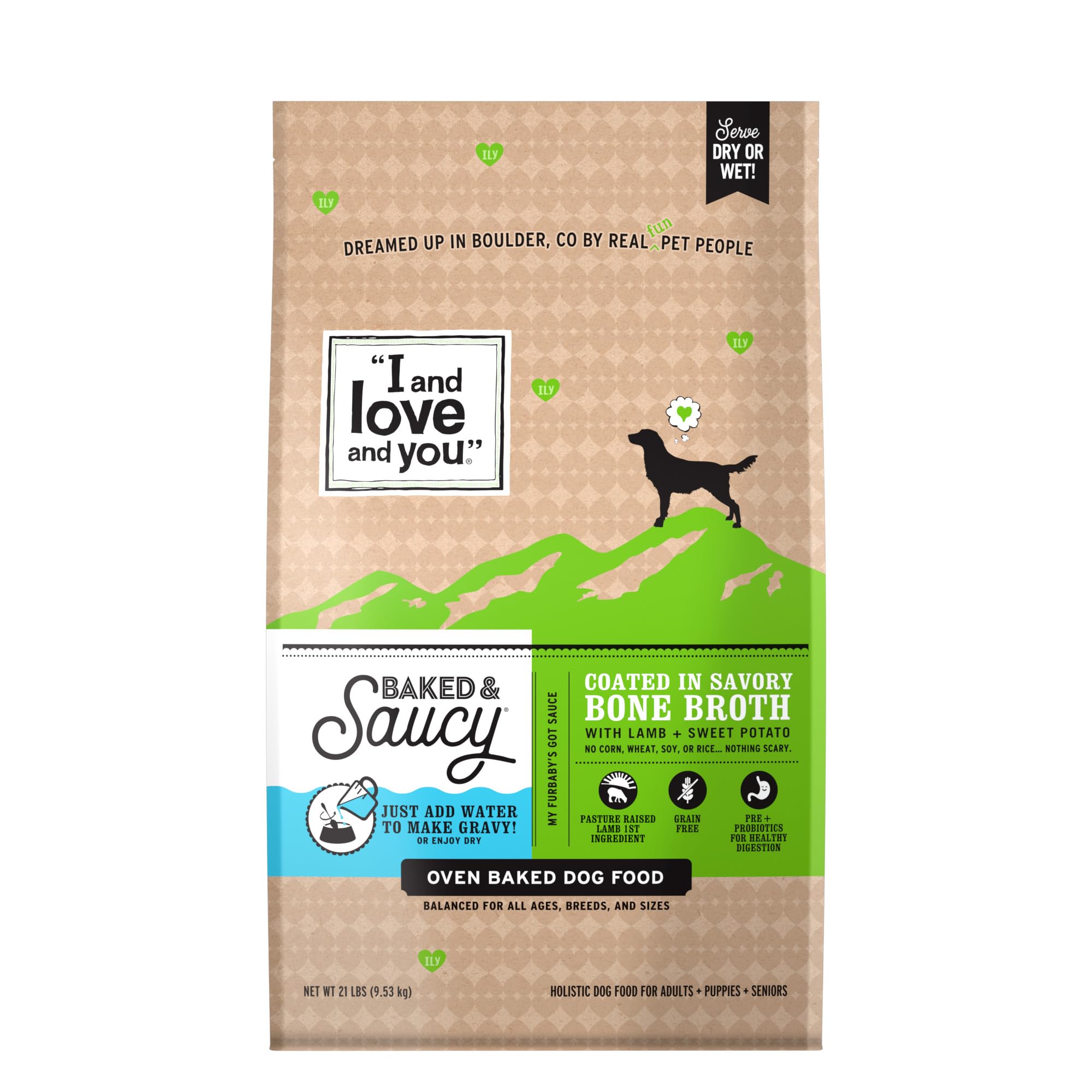 I and Love and You Baked and Saucy Dry Dog Food - Lamb + Sweet Potato - Prebiotic + Probiotic, Real Meat, Grain Free, No Fillers, 21lb Bag