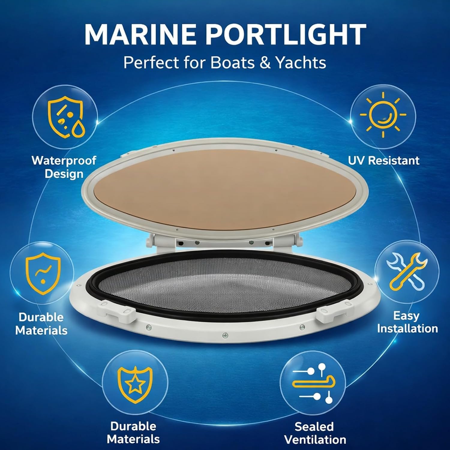 Marine Portlight Window Oval Shape, Internal Opening, Waterproof, 18.5x8.3 Inch - Acrylic Glass Construction, Adjustable Ventilation Angle, Ideal for Boats and Yach