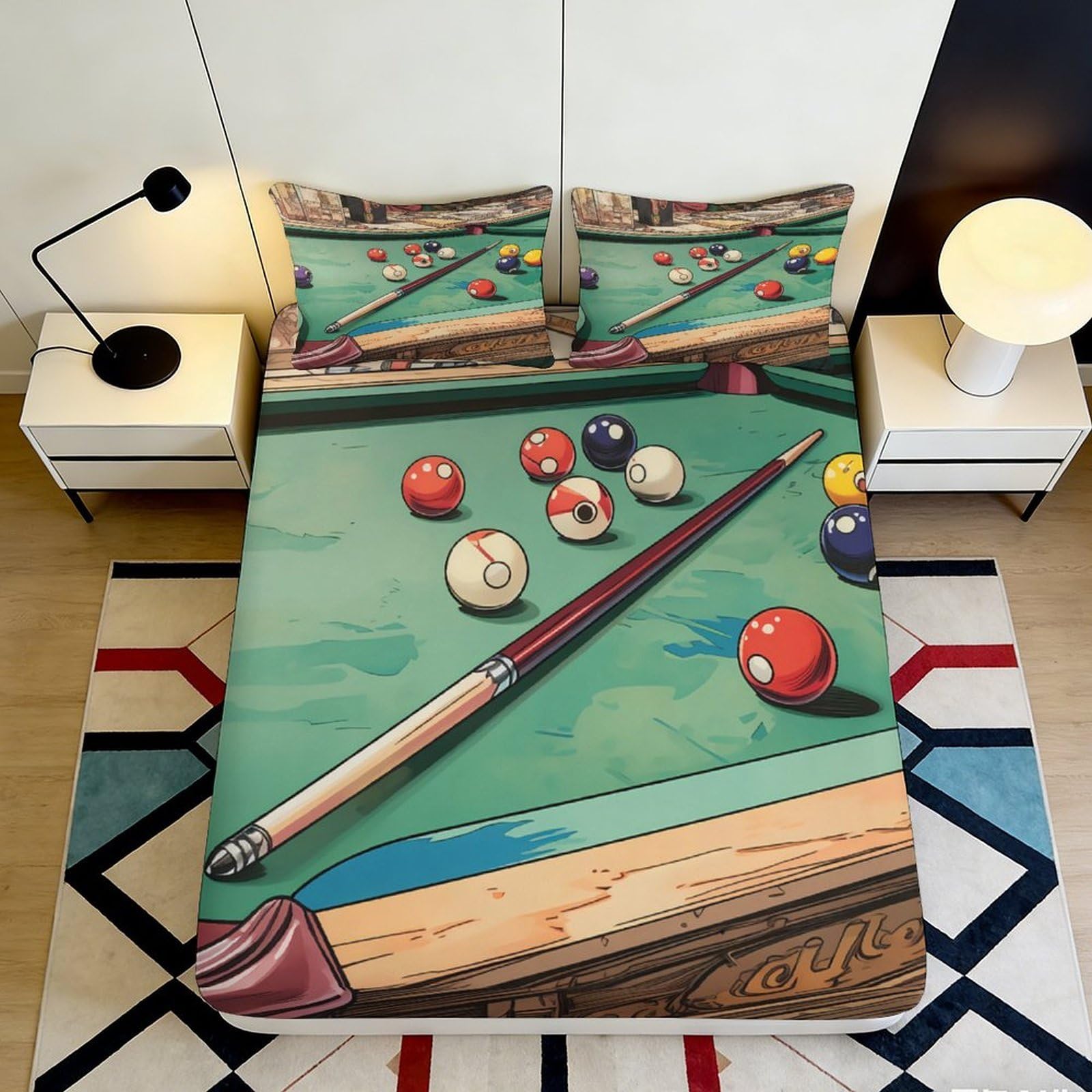 3D Printed Billiards Table Fitted Sheet Microfiber Soft Breathable Pool Balls Bed Cover for Bedroom Dorm Apartment Decor 90x200x25cm