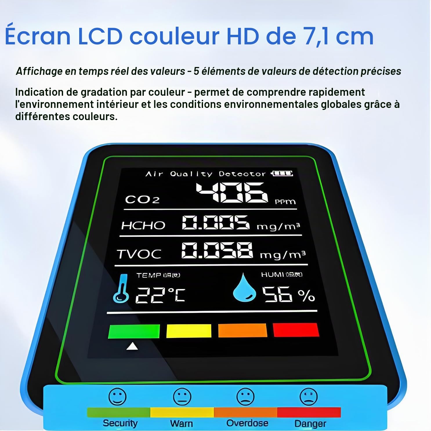 Moniteur de qualité de l'air intérieur : capteur de température et d'humidité avec CO2, TVOC, HCHO, détecteur portable professionnel 5 en 1 pour la maison, le bureau, l'école, l'hôtel