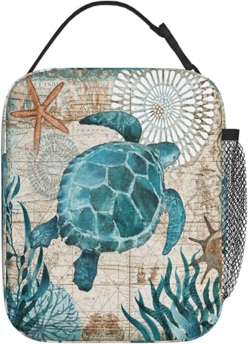 Bolsa de almuerzo portátil de tortuga marina azul con mapa náutico retro oceánico, bolsa de comida aislada, reutilizable, bolsa enfriadora,