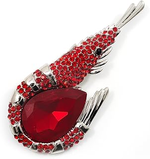 Broche grande langostino con cristales color rojo intenso en metal plateado