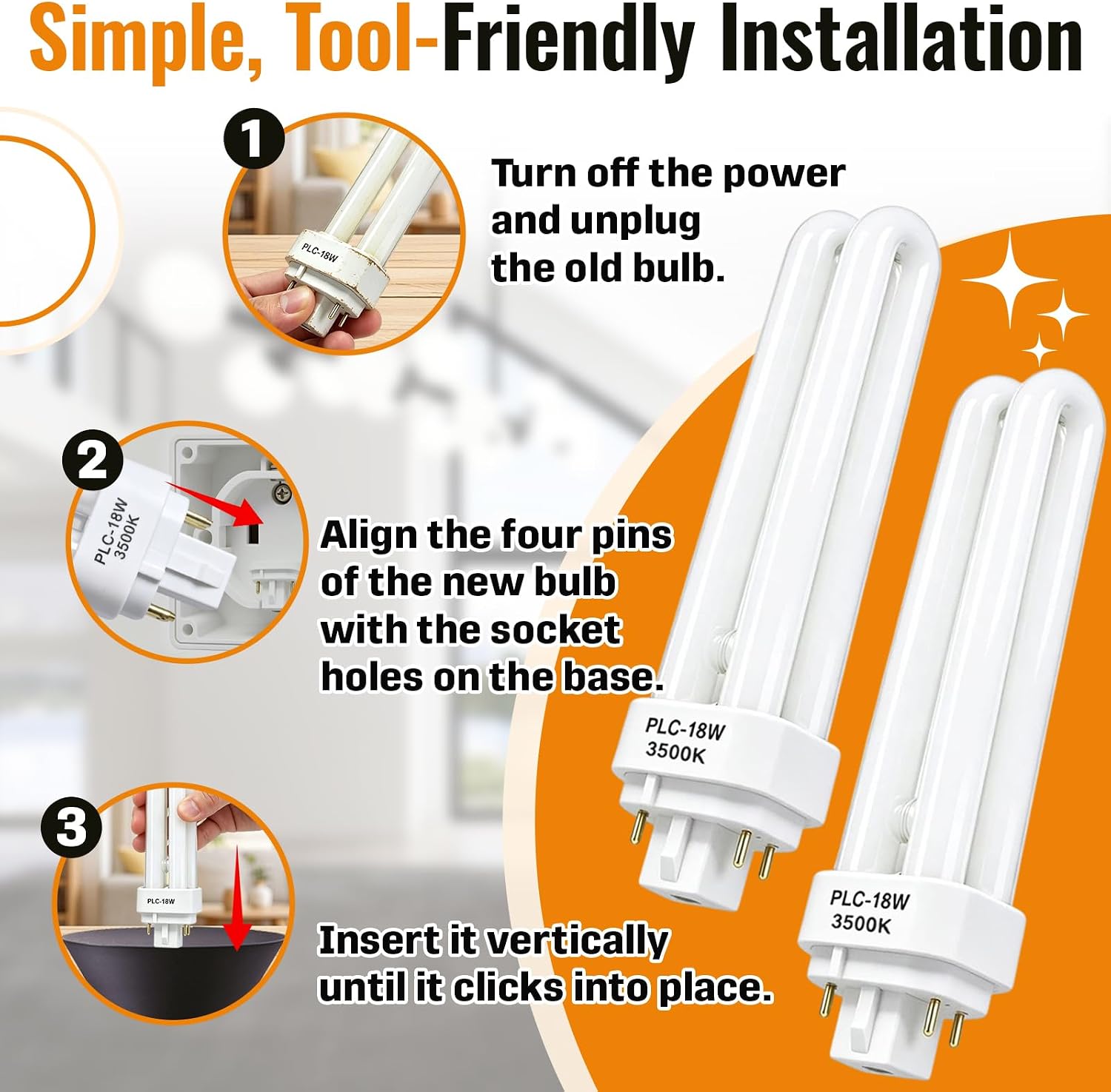 6 Pcs18W FDS18E35/4 CFL Light Bulbs Compatible with Panasonic Devices,3500K | G24q-2 4-Pin Base, 3500K Warm White, Double Tube Compact Fluorescent, Even Light Without Flicker