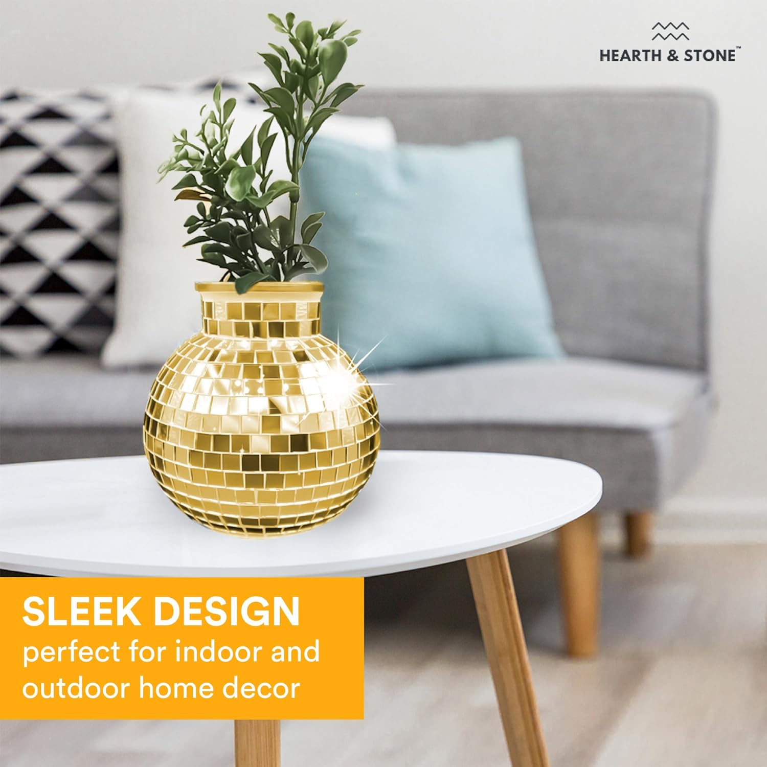 Disco Ball Planter | 7” Disco Ball Vase for Flowers & Plants | Handmade Gold Color Square Large Mirrors Center Piece | for Indoor & Outdoor Decor | Disco Ball Plant Holder Gold