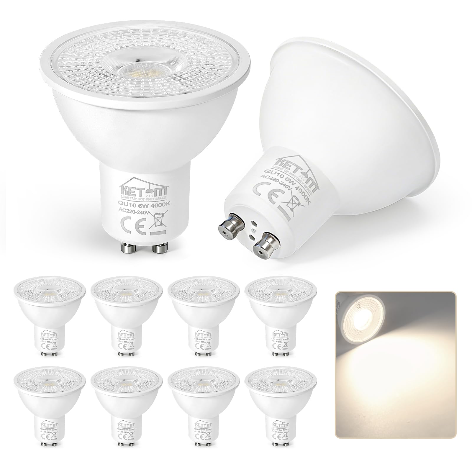 Ketom GU10 LED Neutralweiss 6W Lampe, 60 Watt Ersetzt, LED Lampe GU10 Neutralweiß 4000K, 480LM, Spots 230V, 120° Abstrahlwinkel, Energiesparendes Leuchtmittel, Nicht Dimmbar Birnen, 10 Stück